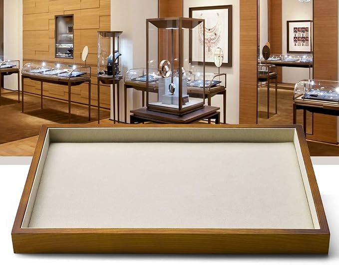 Oirlv Wood Flat Jewelry Tray Stackable Jewelry Drawer Organizer Showcase Jewelry Holder (Creamy-white flat tray)
