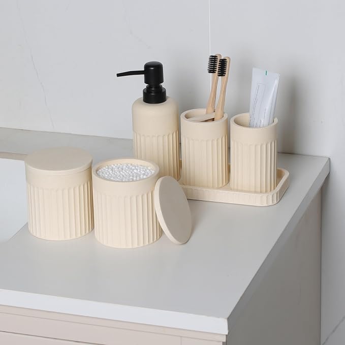 INIUNIK Bathroom Accessory Set - 6 Pieces Bathroom Accessories Set Complete with Soap Dispenser, Toothbrush Holders, Tumbler, Vanity Tray and 2 Qtip Holder for Home Organizer and Decor, Beige