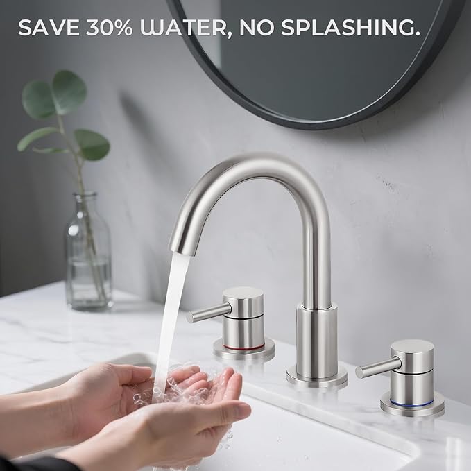 Bathroom Faucet 3 Hole, Brushed Nickel Bathroom Sink Faucet with Pop Up Drain, 8 inch Widespread Bathroom Faucet with 360° Swivel Spout, 2 Handle Vanity Faucet with Water Supply Hoses