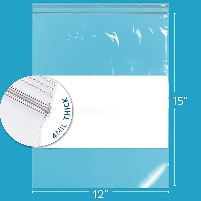 GPI - 12" x 15" - XL - Pack of 1000, 4 Mil Thick, Heavy Duty, Clear Plastic Reclosable Freezer Zip Bags, With White Block for Labeling, Strong & Durable Poly Baggies With Resealable Zipper Top Lock.