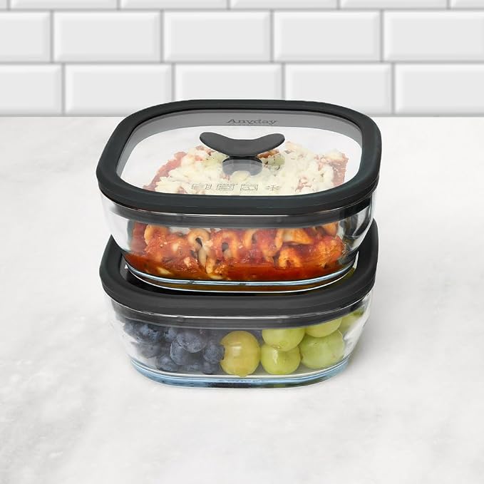 Anyday 2 Pack 2.5 Cup Glass Lunch Containers, Lids (Black Sesame) | All Glass, Microwave Safe Bowls for Work, Food Storage, Bento Box Meal Prep Container