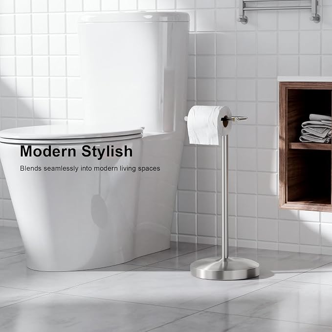 Freestanding Toilet Paper Holder Stand, Heavy Duty Brushed Nickel Stainless Steel Toilet Paper Holder with Weighted Base, Rustproof & Tool-Free Installation for Modern Bathrooms