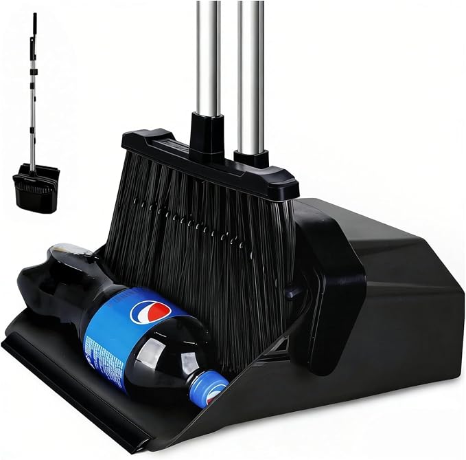Tiumso Upgrade Broom with Dustpan Combo Set, Broom and Dustpan Set with 51'' Long Handle, Large Upright Brooms and Dust Pans, ZeroGap Lip, Self-Cleaning Dustpan Teeth for Lobby and Restaurant - Black