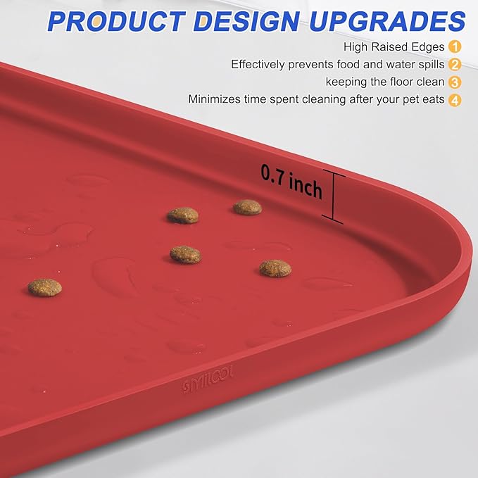 SMILOOL Waterproof Silicone Pet Food Mat with Raised Edge for Dog & Cat | 19" x 12" Non-Slip Pet Feeding Mats with Lip for Food & Water Bowl, Food Grade, Easy Cleaning, Red