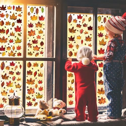336 PCS Fall Window Clings, 9 Sheets Autumn Decorations, Maple Leaves Pattern Double Sided Stickers Decal, Autumn Window Clings for Fall Decorations Accessories Home Indoor Outdoor Accessories Decor