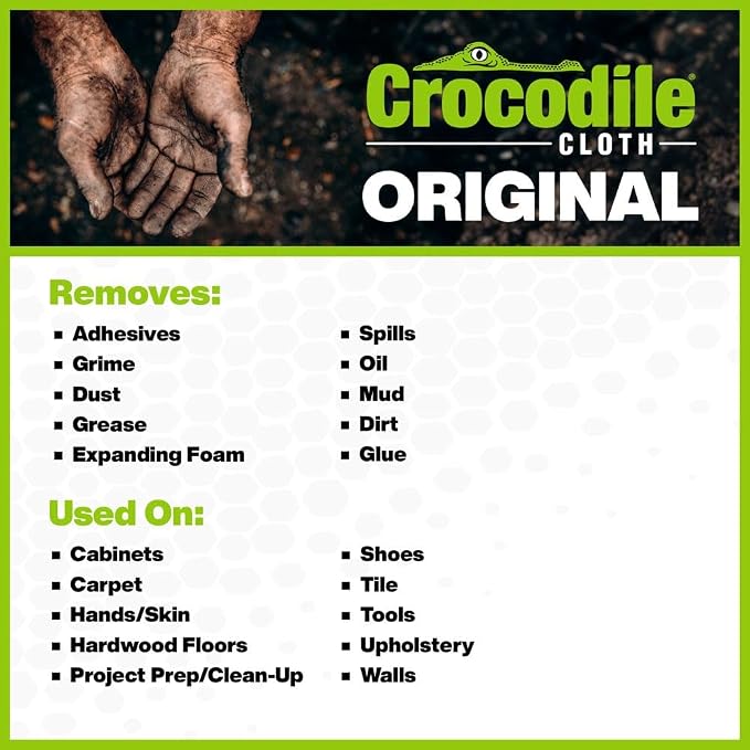 Crocodile Cloth Industrial Hand & Tool Cleaning Wipes - Heavy-Duty 10" x 15" Size Multi-Surface Cleaning Wipes, 10 Count Per Package. Water Based Solution with Extreme Cleaning Power. Safe on Skin.