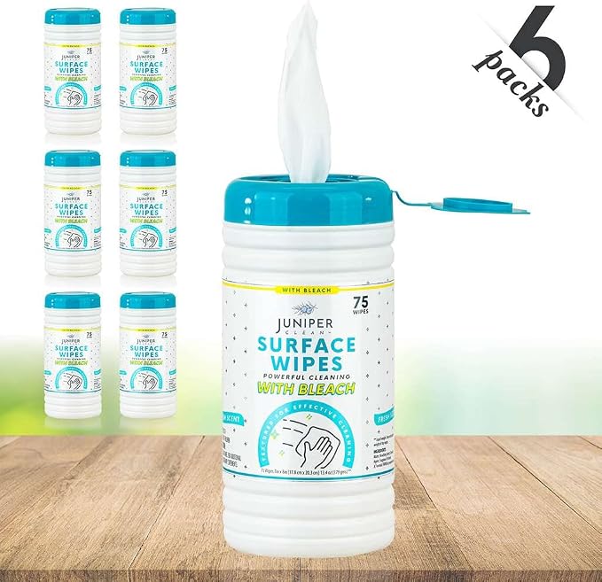Juniper CLEAN 6 Pack Surface Cleaning Wipes with Bleach, All-Purpose Cleaner for Bathroom, Kitchen, Office, 450 Count Canister, Fresh Scent, 7.5" x 7" Sheet, Lint Free & Durable