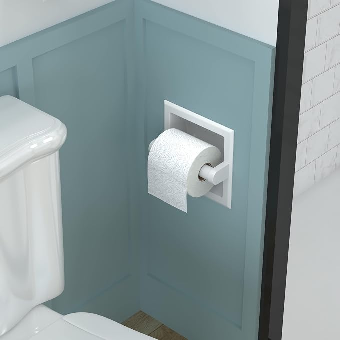 FORIOUS Recessed Toilet Paper Holder, Stainless Steel Durable Tissue Roll Holder Wall Mount for Bathroom Space Saving Design with Mounting Bracket, in Wall Toilet Paper Dispenser Insert, White