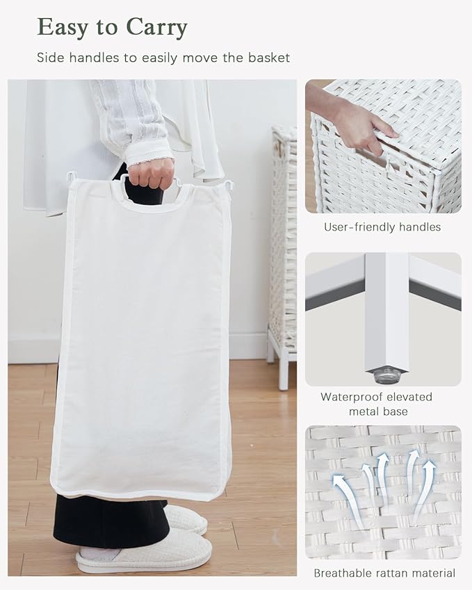 SETVSON Laundry Hamper with Lid, 112 L Handwoven Rattan, Cloud White | 2-Section Large Basket, 2 Removable Liner Bags, 3.34-In Heightened Metal Feet, 6 Mesh Laundry Bags, Side Handles