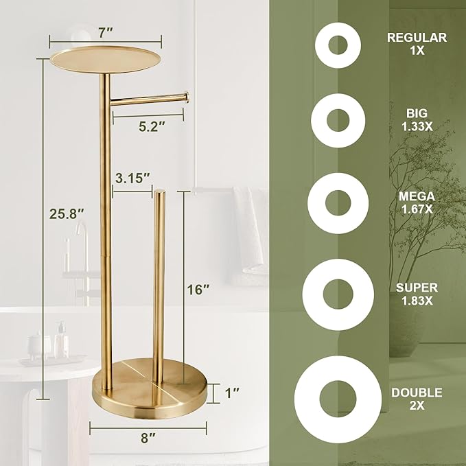 Toilet Paper Holder Free Standing, Brushed Gold Toilet Paper Roll Storage with Reserve and Phone Shelf, Stainless Steel Floor Bathroom Tissue Dispenser and Organizer