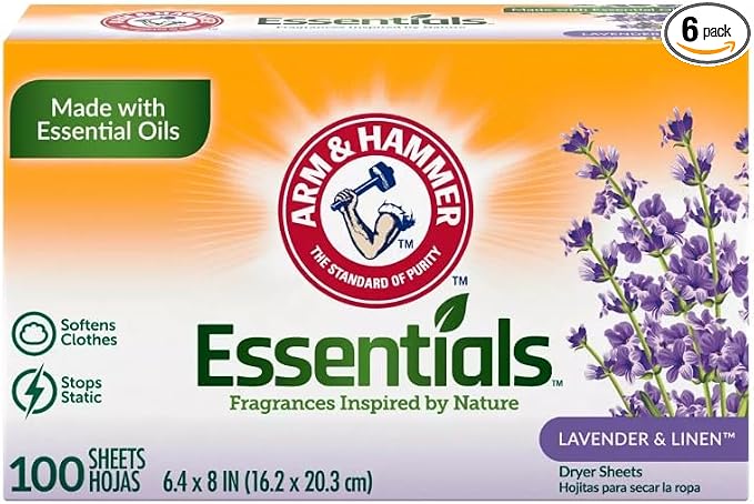 ARM & HAMMER Fabric Softener Sheets, 100 sheets, Lavender and White Linen (Pack of 6-600 Sheets Total)