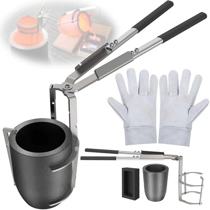 CANALHOUT 10kg Crucible Tongs Set for Melting Metal | 2-in-1 Lifting & Pouring Tong w/ Graphite Crucible, Ingot Mold & Gloves, for Metal Melting Jewelry Casting