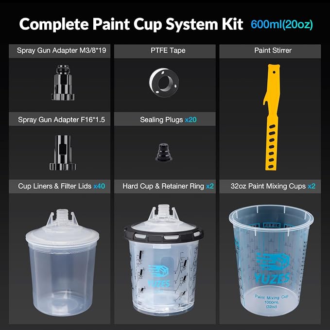 YUZES Disposable Paint Cups 20 oz, 40-Pack Paint Cups with Lids 125-Micron | 2 Paint Mixing Cups 32oz, 2 Hard Cups & 2 Adapters for LVLP / HVLP Spray Gun 360° Spray & Less Cleanup