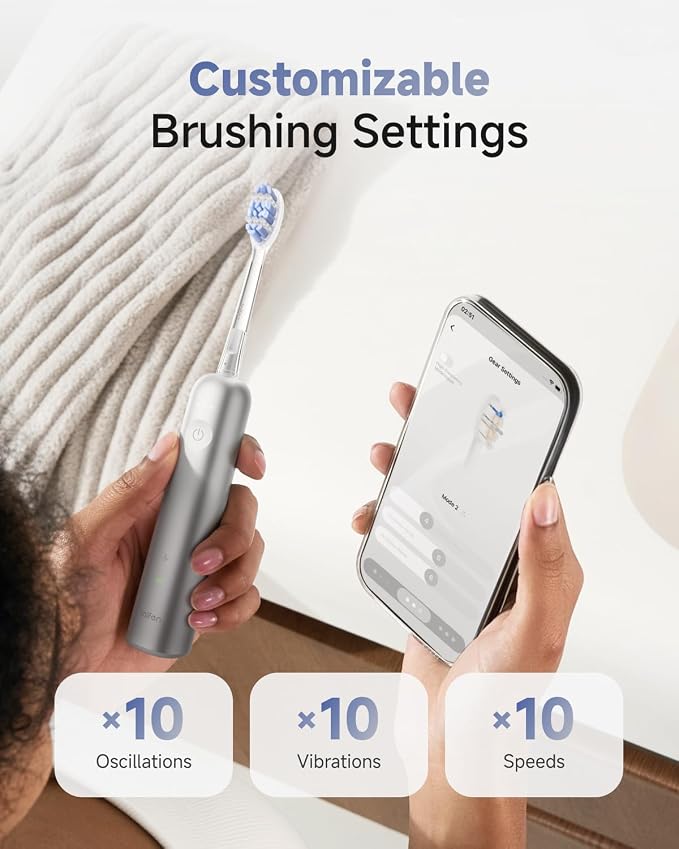 Laifen Wave Pro Sonic Toothbrush, 60° Oscillation & Pressure Sensor, Silver | Aluminum Material, APP Connectivity, 2 Replacement Brush Heads, 70-Day Battery, Travel Friendly, Wireless Charging, Easy Grip