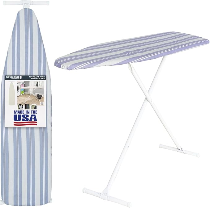 Full Size Ironing Board with Cover & Pad – Made in USA by Seymour Home Products Adjustable Steel T-Legs, 35" High Perforated Top for Steam Durable Iron Board for Home, Laundry Room (Blue Stripe)