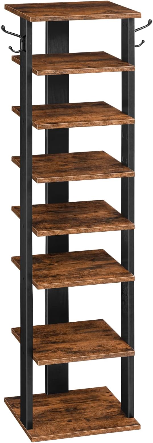 HOOBRO 8 Tiers Vertical Shoe Rack, Wooden Shoe Storage Organizer with Hooks, Narrow Shoe Tower for 8 Pairs, Space Saving, for Entryway, Living Room, Bedroom, Rustic Brown BF07XJ01G1