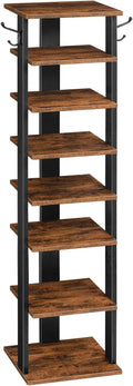 HOOBRO 8 Tiers Vertical Shoe Rack, Wooden Shoe Storage Organizer with Hooks, Narrow Shoe Tower for 8 Pairs, Space Saving, for Entryway, Living Room, Bedroom, Rustic Brown BF07XJ01G1