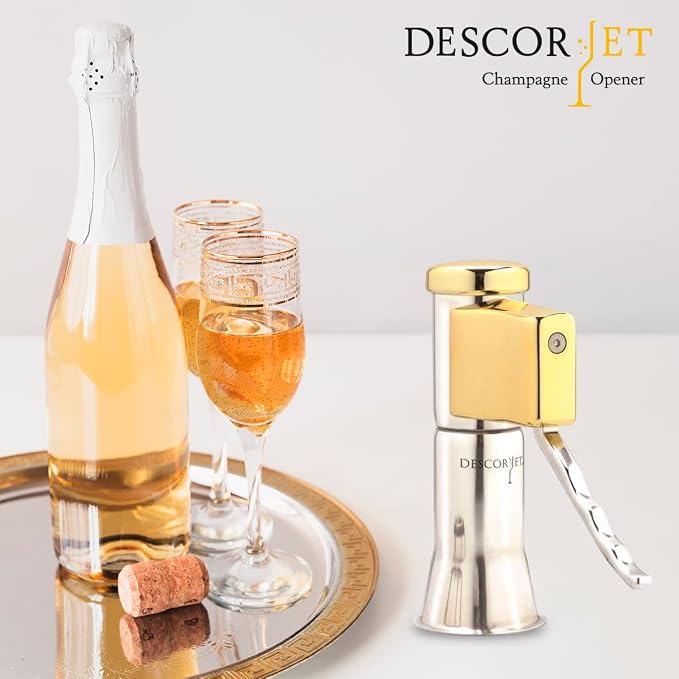 Champagne Bottle Opener. Open your bottles with this One-hand corkscrew. Elegant, original and easy to use. Stainless steel with golden details. (Model Gold)