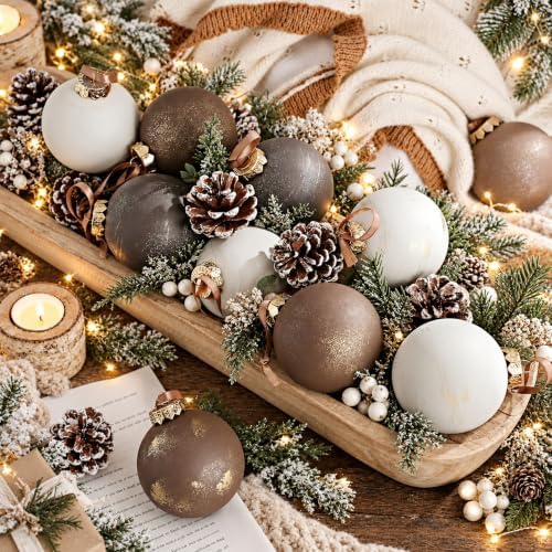 Yunlly 12 Pcs Neutral Christmas Ornament, Bronze Taupe Ivory, 3.15''