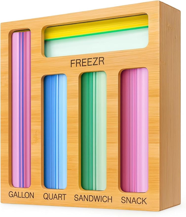 Food Storage Bag Organizer for Kitchen Drawer — Bamboo Plastic Bag Holder with 5 Slots for Gallon, Freezer, Quart, Sandwich and Snack Zip Top Bags, Drawer Organization (13.9 x 11.9 x 3.5 in)