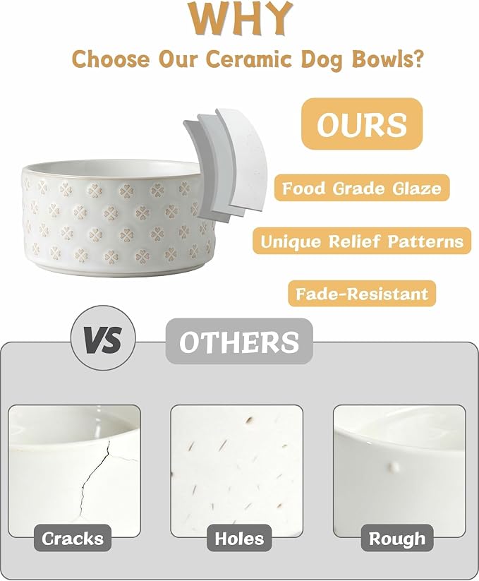 TRUVIC Ceramic Dog Bowl with Wood Stand, Jun Blanc Four-Leaf Clover Relief Dog Food and Water Bowl, 2 Cup/14 oz Puppy Food Bowl for Medium Dogs, Dishwasher Safe, Modern Geometric, Four-Leaf Clover