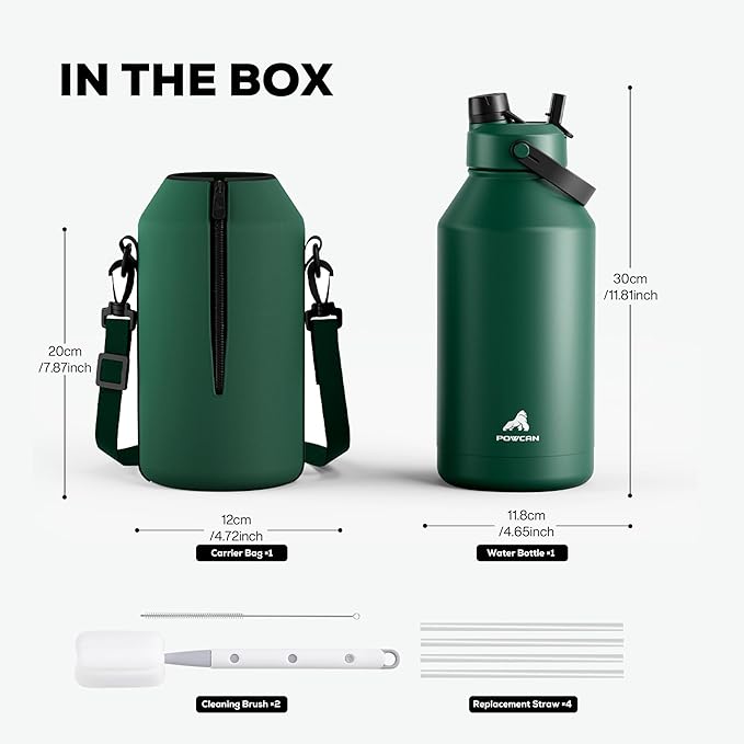 POWCAN 64 oz Insulated Water Bottle with Carrier Bag, 2-in-1 Straw & Spout Lid, Leakproof, Keep Cold 48H, BPA-Free, Stainless Steel Water Bottle with handle for Workout, Trip and Fitness (Forest)