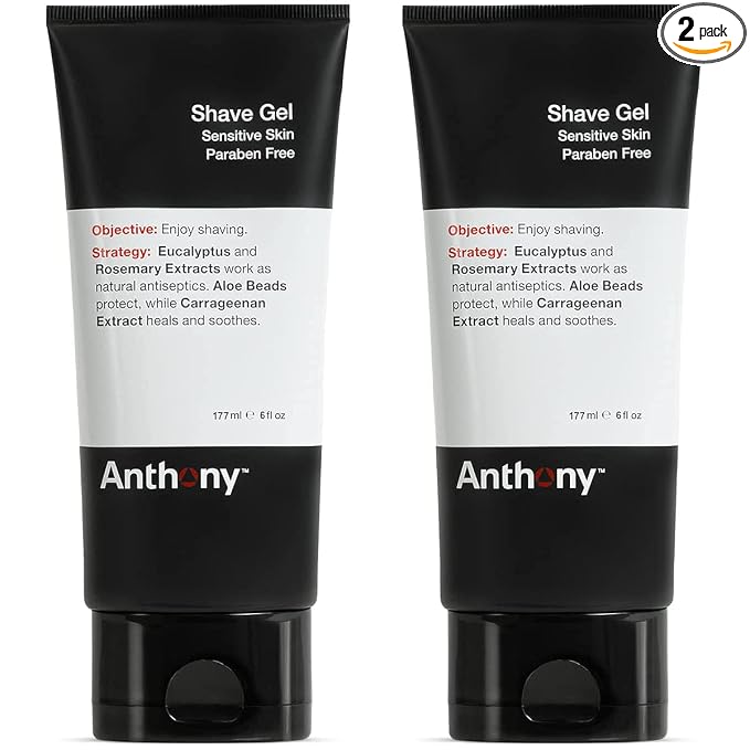 Anthony Shave Gel for Sensitive Skin – Non-Foaming, Soothing Shaving Cream for Men and Women. With Aloe Vera Beads, Eucalyptus, Rosemary and Carrageenan Extract - 6 Fl Oz (2 Pack)