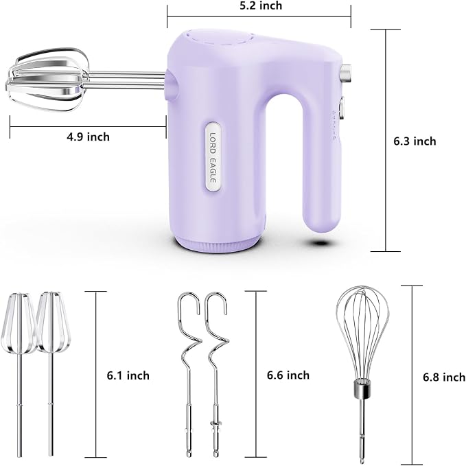 Lord Eagle 5-Speed Hand Mixer Electric, 300W Compact Handheld Mixer, Portable Kitchen Egg Beater with 5 Attachments & Storage Bag, Cake Supplies for Bread Dough Baking, Lightweight, Purple