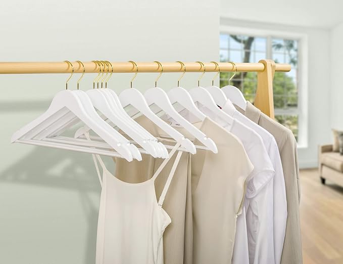 Amber Home 20 Pack White Wooden Coat Hangers with Gold Hook, White Wood Suit Hangers with Non-Slip Pant Bar, Clothes Hangers for Closet Organization, Shirts, Jackets, Dresses and Pants (White+Gold,20)