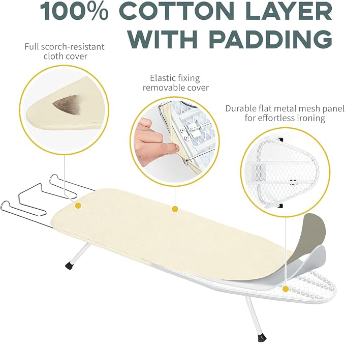 Metal Small Ironing Board Tabletop 31x12, RAINHOL Countertop Mini Iron Board Foldable with Cotton Cover and Pad, Portable and Compact for Travel, Dorms and Small Space