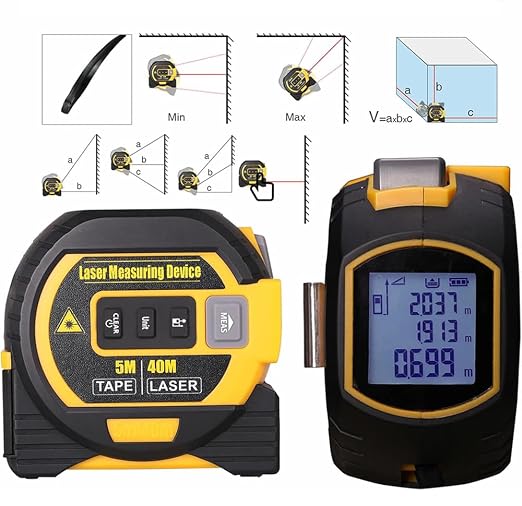 Tape Measure 3-in-1 Laser Digital Measuring Tape Ruler-LCD Backlight 5M/16Ft Tape & Laser 40m/131Ft Rangefinder,Crosshairs Markings,Data Storage,Durable ABS Case/Yellow 1Pack
