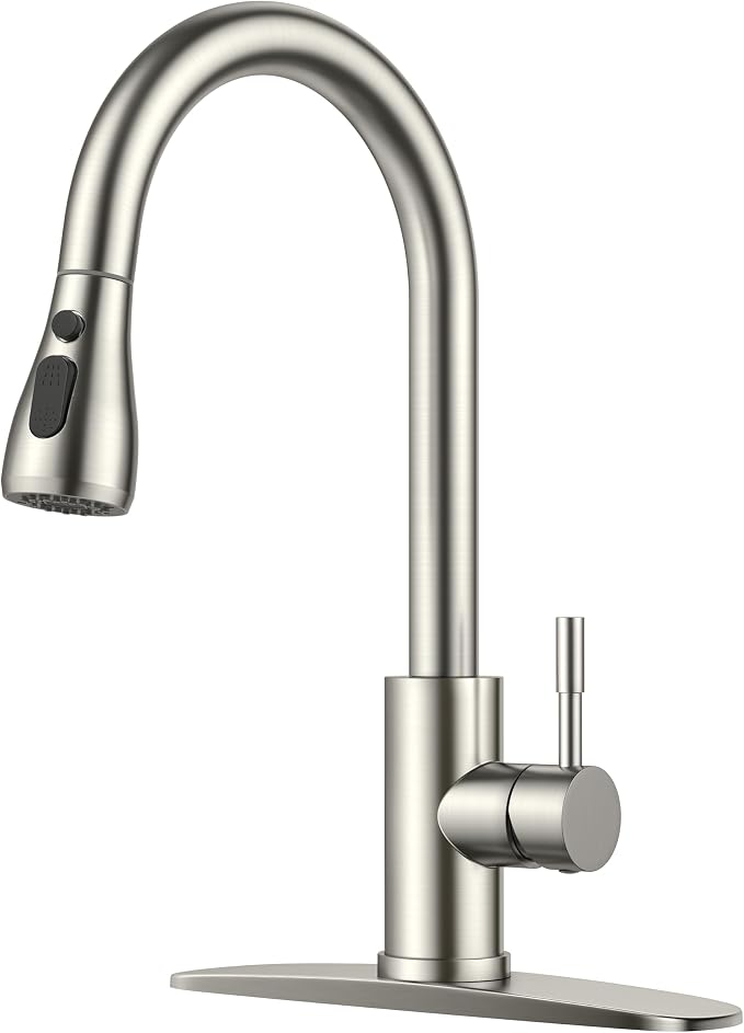 FORIOUS Kitchen Faucets with Pull Down Sprayer, Brushed Nickel High Arc Single Handle Stainless Steel Bar Sink Faucet with Deck Plate for 1 or 3 Hole, Suitable for Farmhouse RV Camper Laundry
