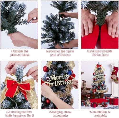 3ft Christmas Tree with Lights, Christmas 36inch Small Artificial Tabletop Tree, Xmas Desk Mini Tree with 50 LED Lights, Hanging Ornaments Decorations, Holiday Tree for Home Decor, Indoor, Office