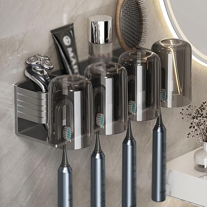 Toothbrush Rack Gun Gray Aluminum Toothbrush Holder Bathroom Wall Mounted Toothpaste Holder Makeup Brush Storage Rack with Cup Bathroom Toothbrush Holder(L26cm)