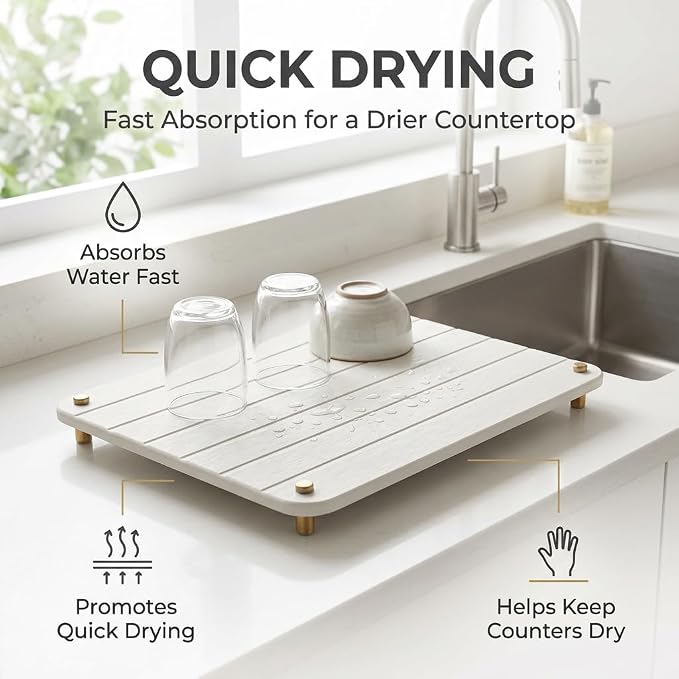 Stone Dish Drying Mat for Kitchen Counter, Water Absorbing Bathroom Tray Sink Organizer, Diatomaceous Earth Countertop Dish Rack Riser Sponge Holder Soap Dish, Gold White, 16" x 12"