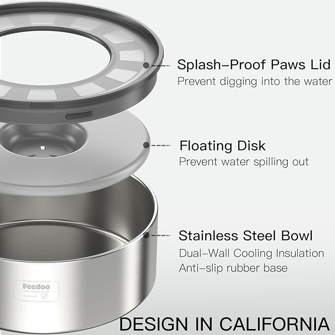1Gallon No Spill Water Bowl for Dogs, Double-Wall Stainless Steel with Splash-Proof Paws Lid and Floating Disk, Non-Slip Base, Easy to Clean Slow Water Feeder for Large Medium Dogs