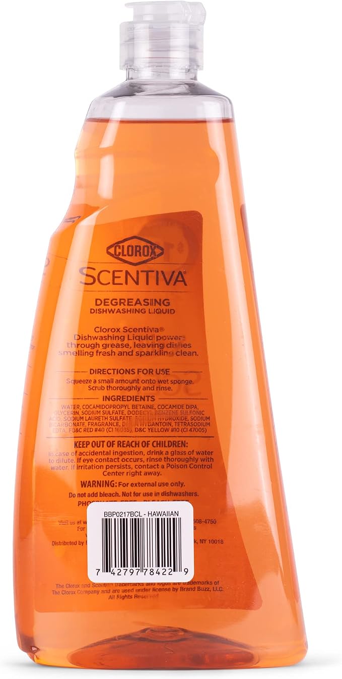 Clorox Scentiva Liquid Dish Soap, Hawaiian Sunshine Scent - Ultra-Concentrated Dishwashing Detergent That Cuts Through Grease and Tackles Tough Messes, Bleach-Free, 26 Fl Oz