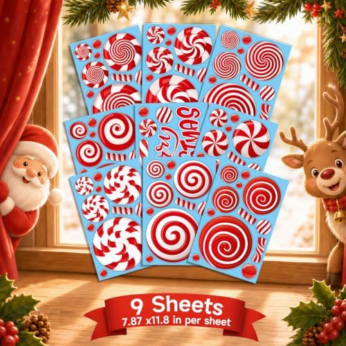 9 Sheets Christmas Window Clings Decor, Candy Cane Christmas Decorations