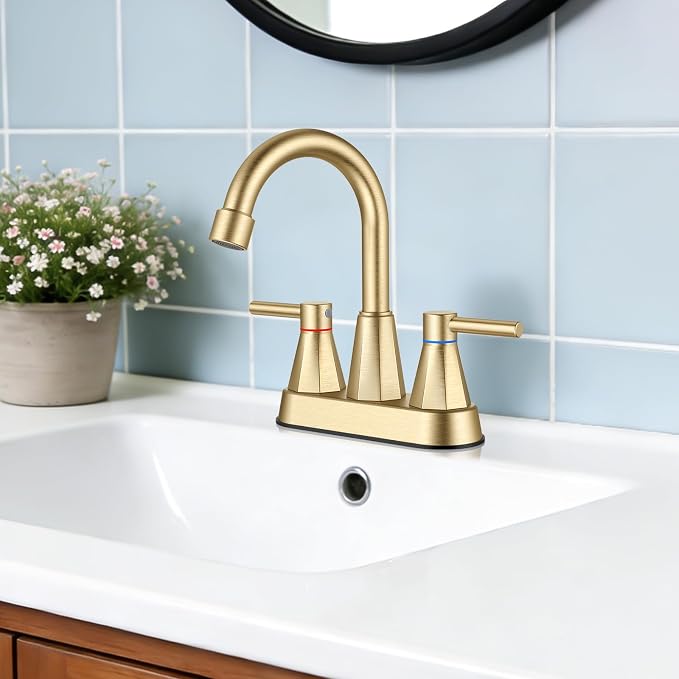 Bathroom Faucet 3 Hole Brushed Gold, 4 Inch Bathroom Sink Faucet Centerset with Pop Up Drain, Double Handle Vanity Faucet 3 Hole with 360° Swivel Spout, Rv Bathroom Sink Faucet