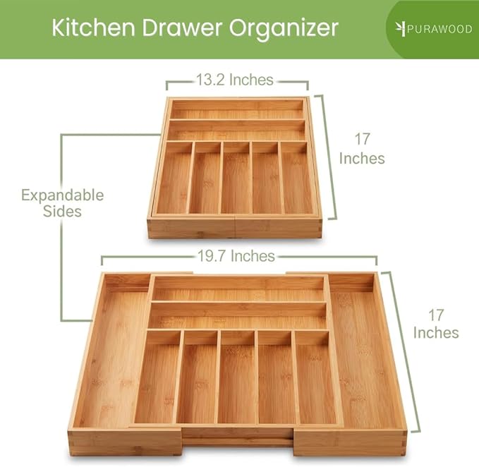 Purawood Bamboo Drawer Organizer, 2 Pack - Expandable Silverware Organizer & Utensil Organizer, Cutlery Tray with Dividers, 7-9 Slots - Premium Kitchen Organizer for Utensils & Flatware (Natural)