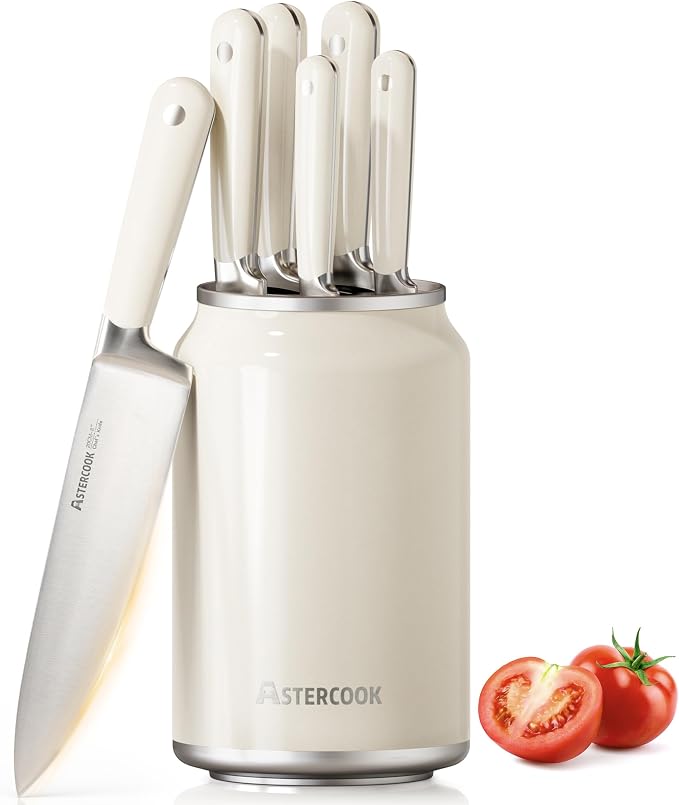 Astercook 6-Piece Kitchen Knife Set with Soda Can-Inspired Block, Full Tang High Carbon Stainless Steel Knives, Retro Cream Design, Dishwasher Safe Knife Sets & ABS Handles - Perfect Kitchen Gifts