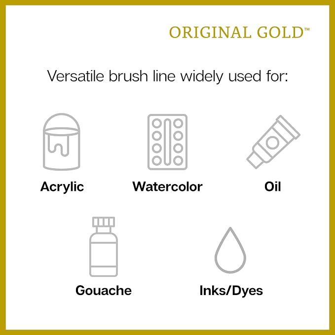 KINGART Premium Original Gold Series Handcrafted Golden Taklon Multimedia Artist Brushes, Set of 12, Black Glosss Handle, for Oil, Acrylic, Watercolor & Gouache Paints
