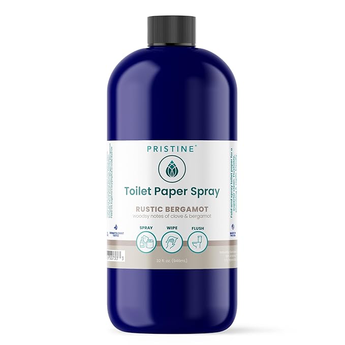 PRISTINE Toilet Paper Spray, As Seen on Shark Tank, Flushable Wipe Alternative, Personal Cleansing Bathroom Spray for Regular Toilet Tissue, Bidet Alternative, Made in USA, Rustic Bergamot, 32oz