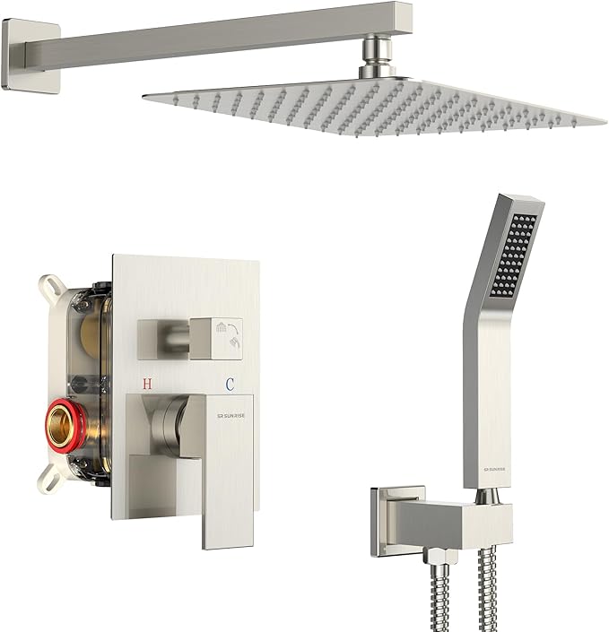 SR SUN RISE Shower Faucet Set Bathroom Square Rain Shower Head with Handheld Spray Wall Mounted Rainfall Shower Fixtures Brushed Nickel Shower Faucet Trim Repair Kits (Contain Shower Valve)10 Inches
