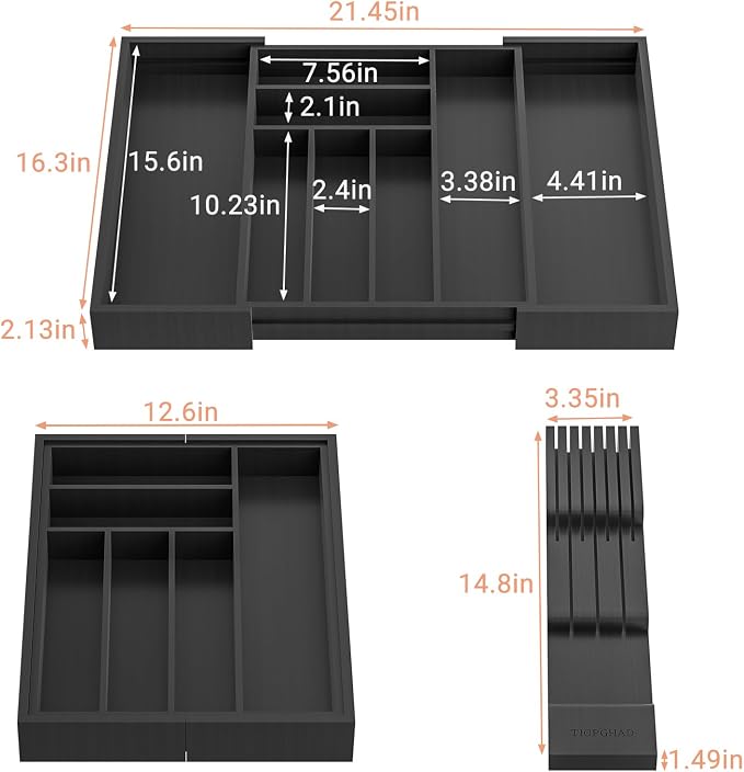 TIOPGHAD Bamboo-Silverware-Drawer-Organizer-Kitchen, Expandable Utensil Holder Cutlery Tray Flatware Organization Adjustable Wood Tableware Dividers Storage (with Removable Knife Block)(Black)