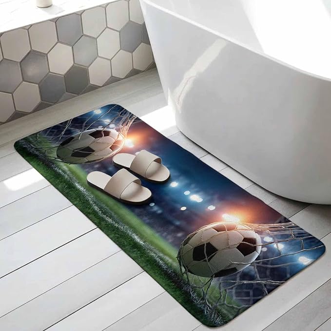 Football Bathroom Runner Rugs Non Slip Washable Absorbent Narrow Long Bath Mat Goal Net Soccer Sports Orange Blue Green Runner Rugs for Kitchen Hallway Bedroom Laundry Study Room 31.5"x63"