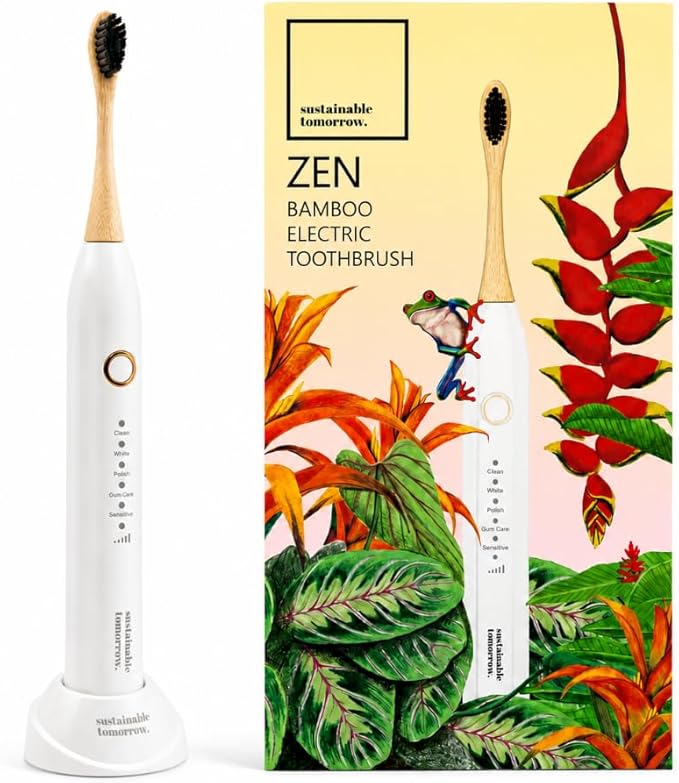 Sustainable Tomorrow Zen Bamboo Electric Toothbrush, Durable Wood-Grain ABS Handle, Rechargeable w/Plant-Based Soft Bristles, Bamboo Heads, 5 Modes & 30-Day Battery (White)
