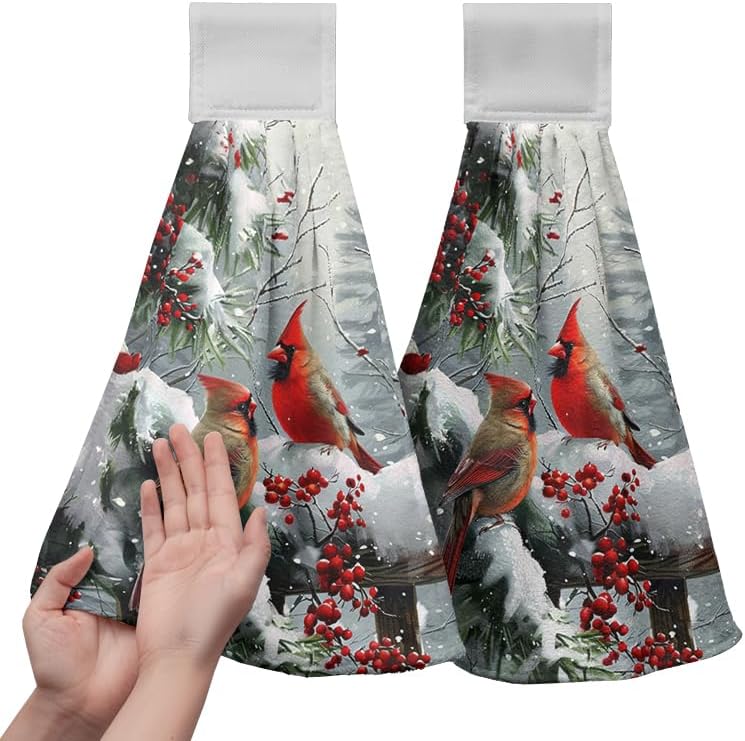 Winter Cardinal Hanging Kitchen Towels Christmas Red Birds Snow Holly Hand Towels with Hanging Loop Xmas Oven Stove Dish Towels Soft Absorbent Bath Tie Towel for Farmhouse Decor Set of 2