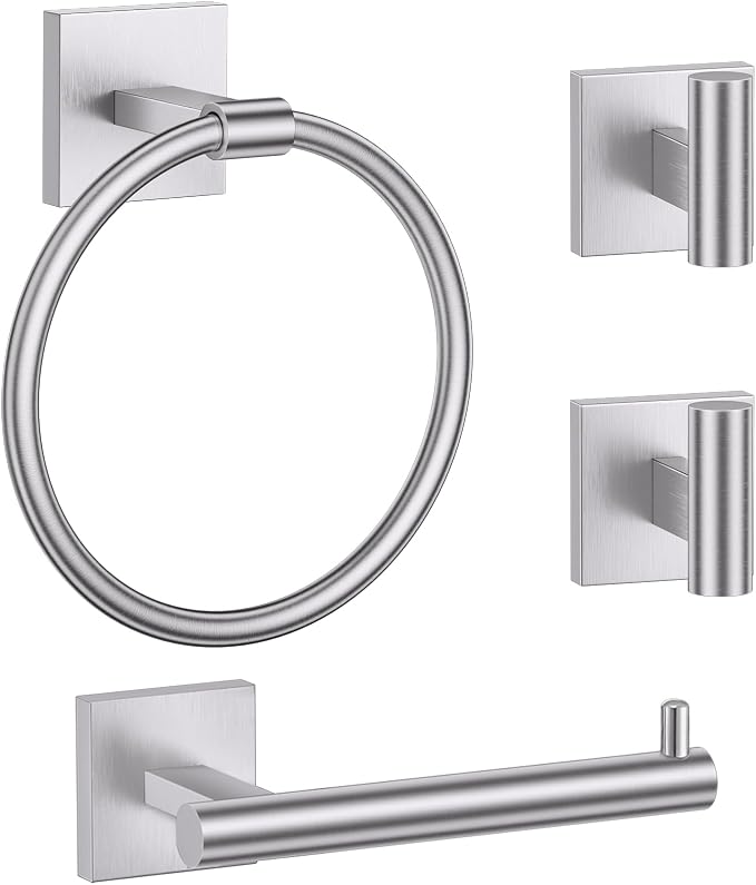 Towel Ring Set 4 Piece Bathroom Hardware Set Includes Towel Ring 2 Towel Hooks and Toilet Paper Holder Stainless Steel Wall Mounted (Brushed Nickel)