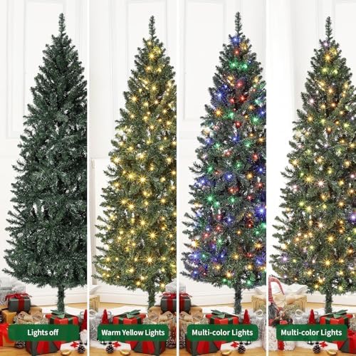 GarveeHome 7.5 ft Pencil Christmas Tree,Artificial Pre-Lit Christmas Tree,Realistic Xmas Tree Artificial Holiday Decoration for Indoor and Outdoor Use